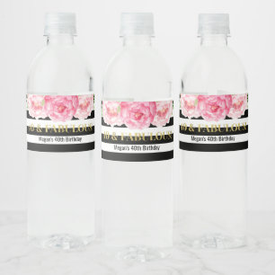 40 & Fabulous Birthday Black Stripes Flowers Water Bottle Label