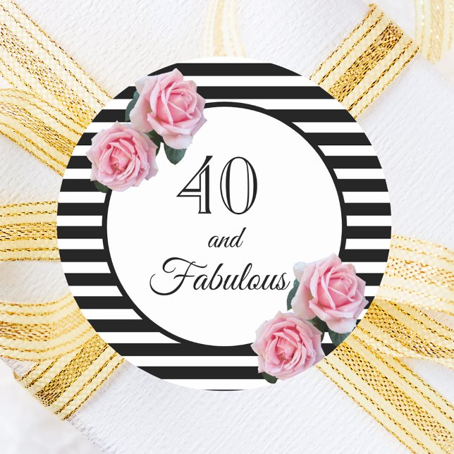 40 fabulous birthday black stripes pink florals classic round sticker (Creator Uploaded)