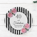 40 fabulous birthday black stripes pink florals paper plates<br><div class="desc">A paper plate for an elegant 40th birthday party. Classic slim black and white vertical stripes as background.  With girly and feminine pink roses as decoration.  
A frame with the text: 40 and Fabulous and templates for name and date.</div>