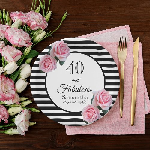 40 fabulous birthday black stripes pink florals paper plates