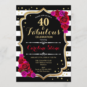 40 Fabulous Birthday - Black White Stripes Roses Invitation