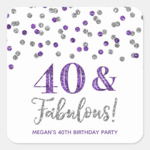 40 & Fabulous Birthday Dark Purple Silver Confetti Square Sticker