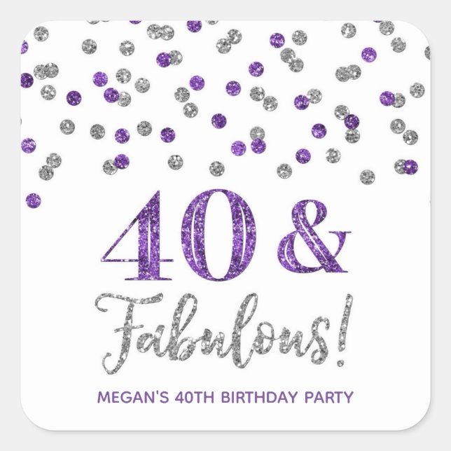 40 & Fabulous Birthday Dark Purple Silver Confetti Square Sticker (Front)