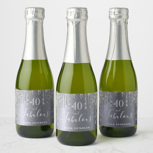 40 fabulous birthday glitter sparkle silver sparkling wine label (Bottles)