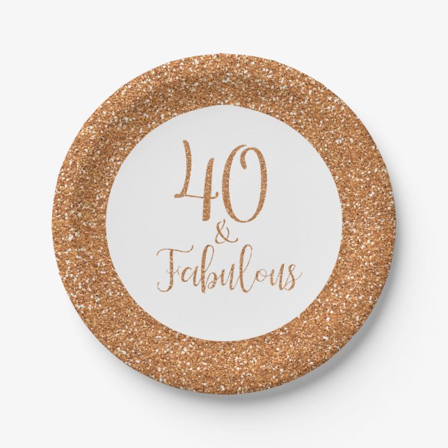 40 & Fabulous Birthday Gold Glitter Paper Plates (Front)