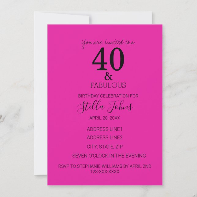 40 Fabulous Birthday Hot Pink Black Custom Age Invitation (Front)