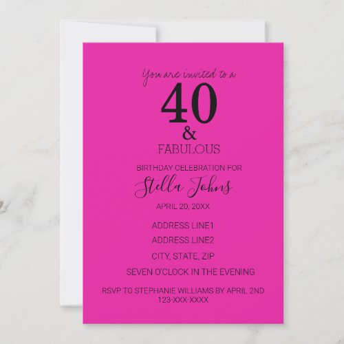 40 Fabulous Birthday Hot Pink Black Custom Age Invitation