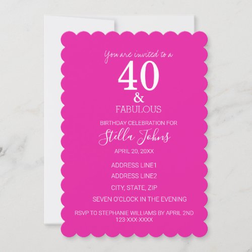 40 Fabulous Birthday Hot Pink White Scallopped Invitation