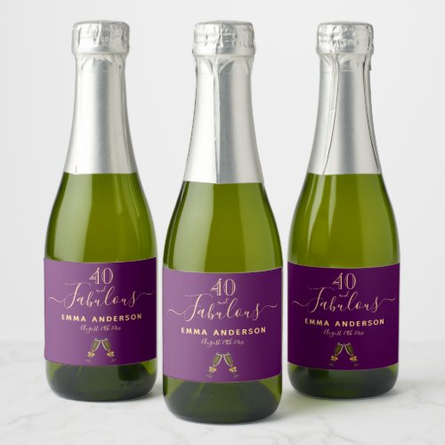 40 fabulous birthday party purple gold monogram sparkling wine label