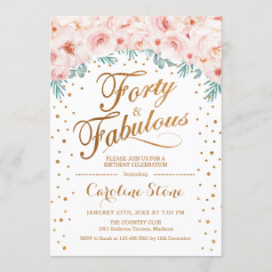 40 Fabulous Birthday Party - White Gold Pink Invitation