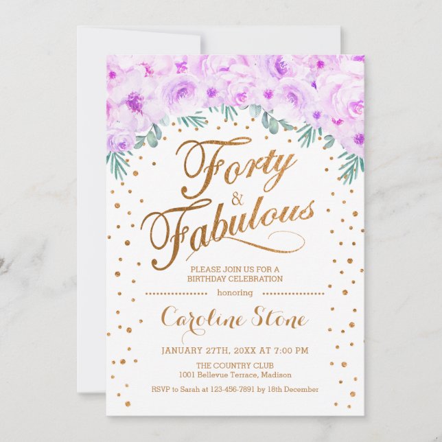 40 Fabulous Birthday Party - White Gold Purple Invitation (Front)