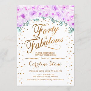 40 Fabulous Birthday Party - White Gold Purple Invitation
