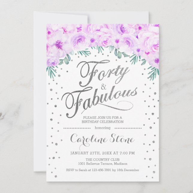 40 Fabulous Birthday Party - White Silver Purple Invitation (Front)
