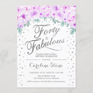 40 Fabulous Birthday Party - White Silver Purple Invitation