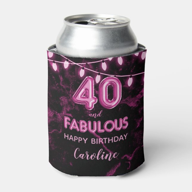 40 & Fabulous Birthday Pink & Black Balloon Lights Can Cooler (Can Front)