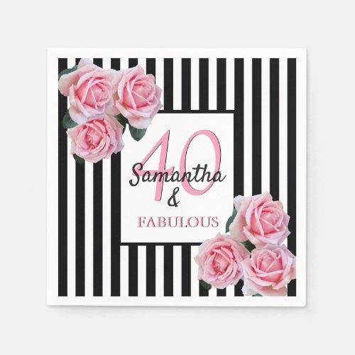 40 fabulous birthday pink black white stripes napkins