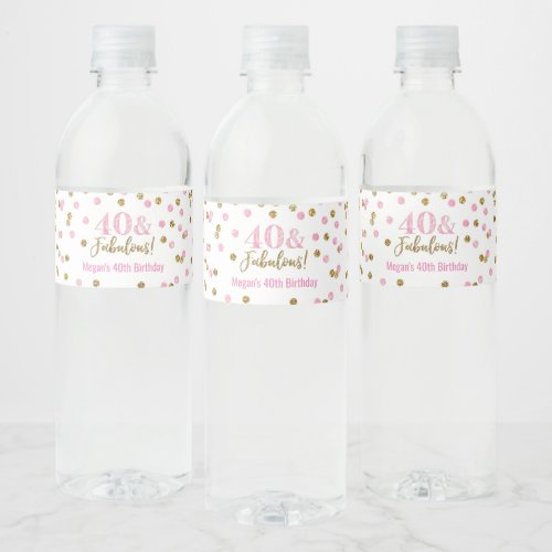 40  Fabulous Birthday Pink Gold Confetti Water Bottle Label