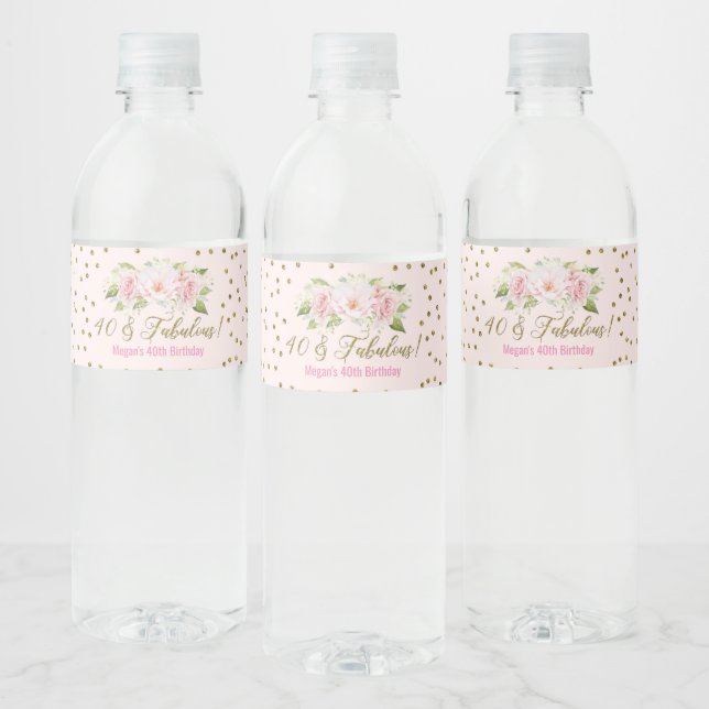 40 & Fabulous Birthday Pink Gold Flowers Water Bottle Label (Bottles)