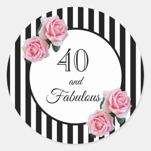 40 fabulous birthday pink roses black white classic round sticker