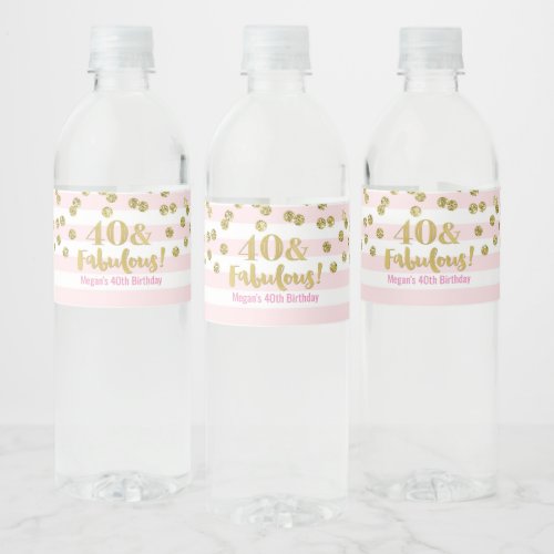40  Fabulous Birthday Pink Stripes Gold Confetti Water Bottle Label