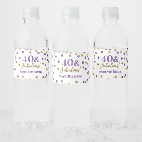 40  Fabulous Birthday Purple Gold Confetti Water Bottle Label