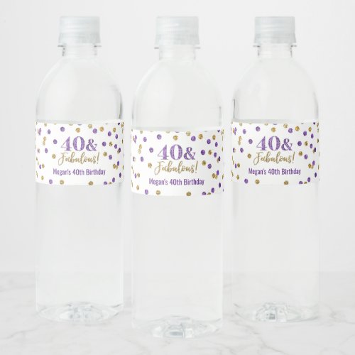 40  Fabulous Birthday Purple Gold Confetti Water Bottle Label