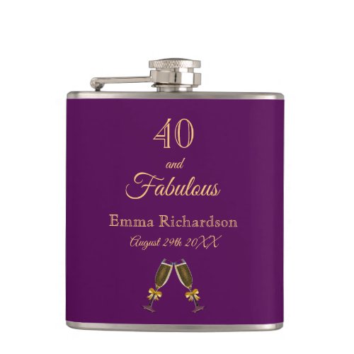 40 fabulous birthday purple gold name flask