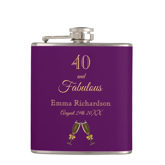 40 fabulous birthday purple gold name flask (Front)