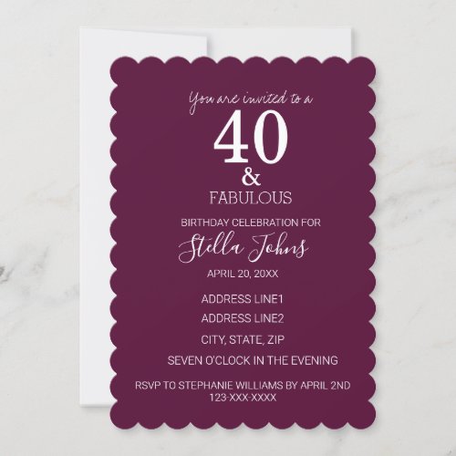 40 Fabulous Birthday Purple Scallopped Edge Custom Invitation