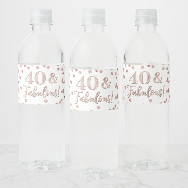 40 & Fabulous Birthday Rose Gold Confetti Water Bo Water Bottle Label (Bottles)