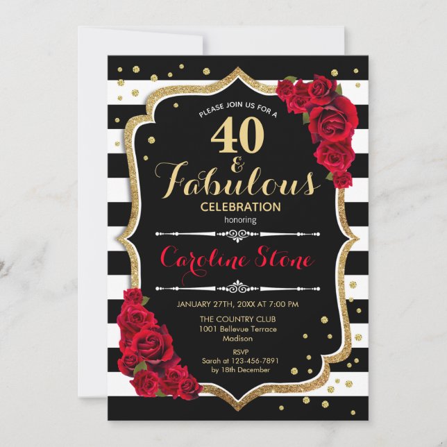 40 Fabulous Birthday -  Roses Black White Stripes Invitation (Front)
