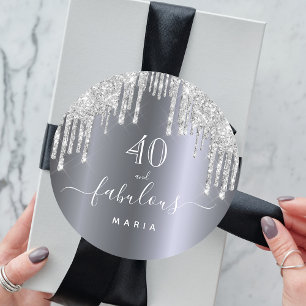 40 fabulous birthday silver glitter drips name classic round sticker