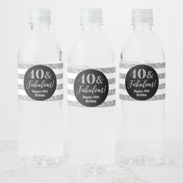 40 & Fabulous Birthday Silver Glitter Stripes Water Bottle Label (Bottles)