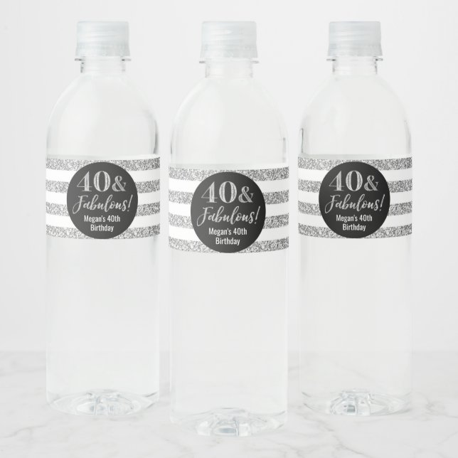 40 & Fabulous Birthday Silver Glitter Stripes Water Bottle Label (Bottles)