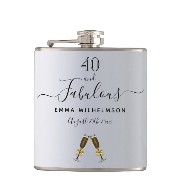 40 fabulous birthday silver monogram script flask (Front)