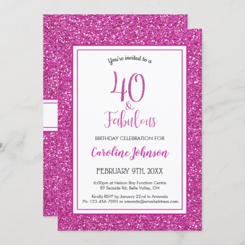 40  Fabulous Birthday Sparkly Pink Glitter Invitation