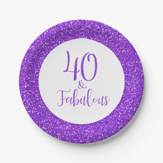 40 & Fabulous Birthday Sparkly Purple Glitter Paper Plates (Front)