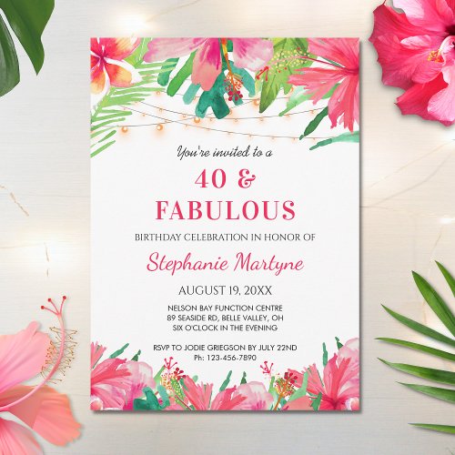 40  Fabulous Birthday Tropical Lights Hawaiian Invitation