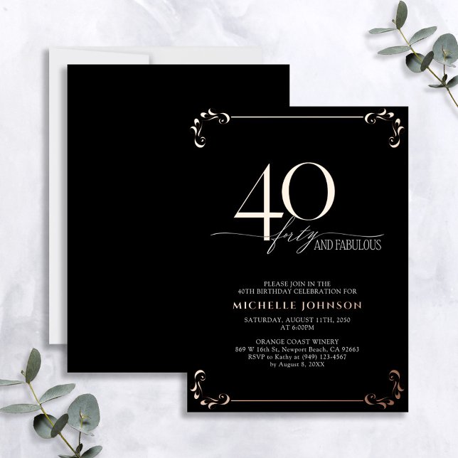 40 & Fabulous Black Rose Gold Calligraphy Birthday Foil Invitation (Creator Uploaded)