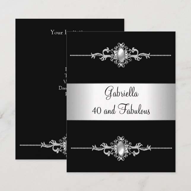 40 & Fabulous Black Silver Trim Birthday Party Invitation (Front/Back)