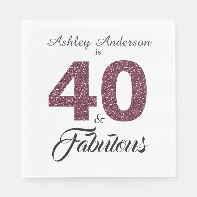 40 Fabulous Burgundy Glitter 40th Birthday Party Napkins (Front)