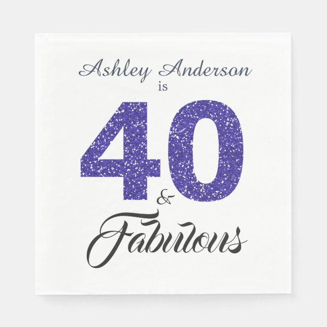 40 Fabulous Dark Blue Glitter 40th Birthday Party Napkins (Front)