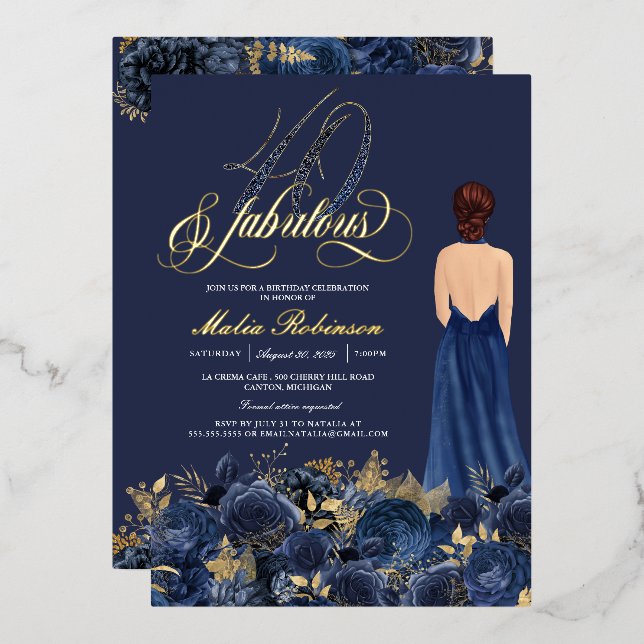 40 & Fabulous Elegant Blue & Gold Birthday Real Foil Invitation (Front/Back)