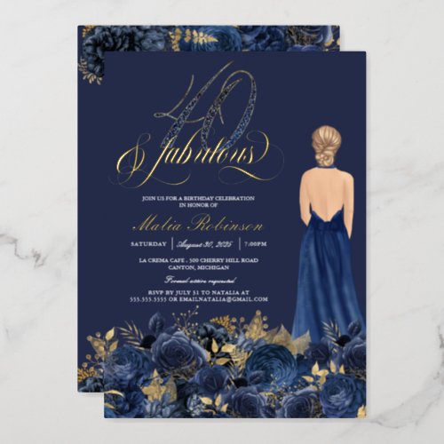 40  Fabulous Elegant Blue  Gold Birthday Real Foil Invitation