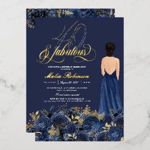 40 & Fabulous Elegant Blue & Gold Birthday Real Foil Invitation