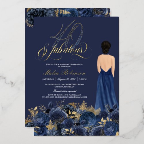 40  Fabulous Elegant Blue  Gold Birthday Real Foil Invitation