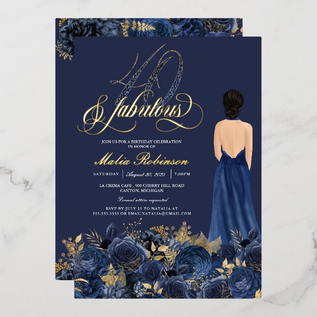 40 & Fabulous Elegant Blue & Gold Birthday Real Foil Invitation (Front/Back)
