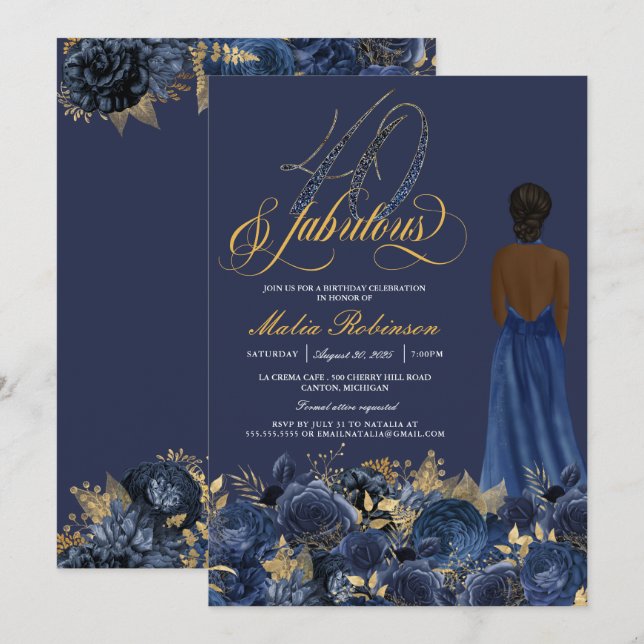 40 & Fabulous Elegant Sapphire Formal Birthday Inv Invitation (Front/Back)