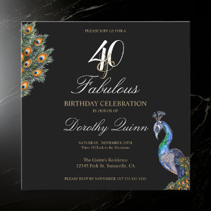 40 & Fabulous Elegant Watercolor Peacock Birthday Invitation