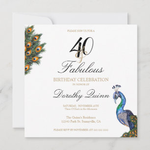 40 & Fabulous Elegant Watercolor Peacock Birthday Invitation